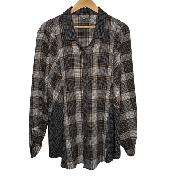 Habitat Tops - Habitat Lagenlook Button Down Gray Plaid Mixed Print Houndstooth Long Sleeve XL